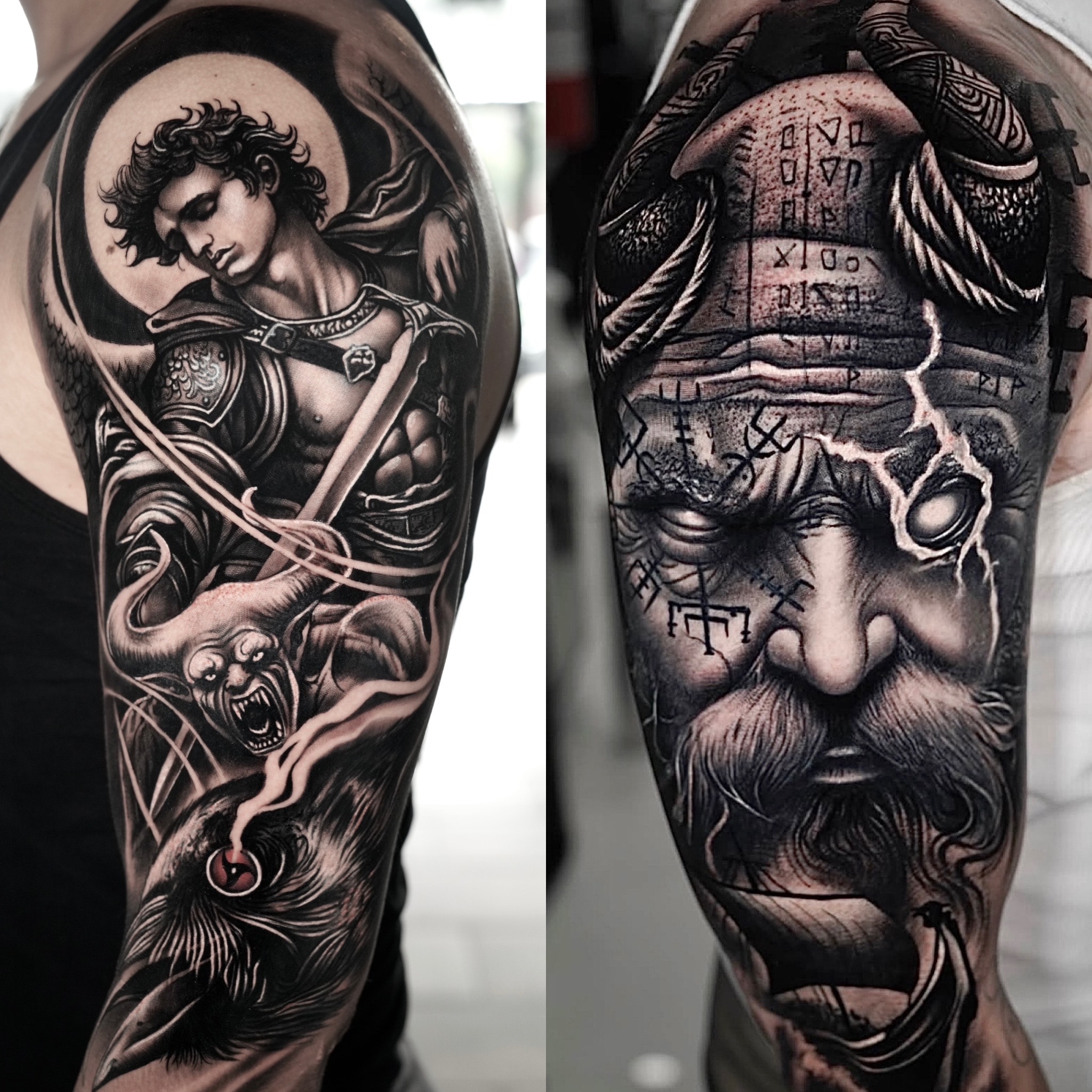Angel warrior and Viking portrait tattoos