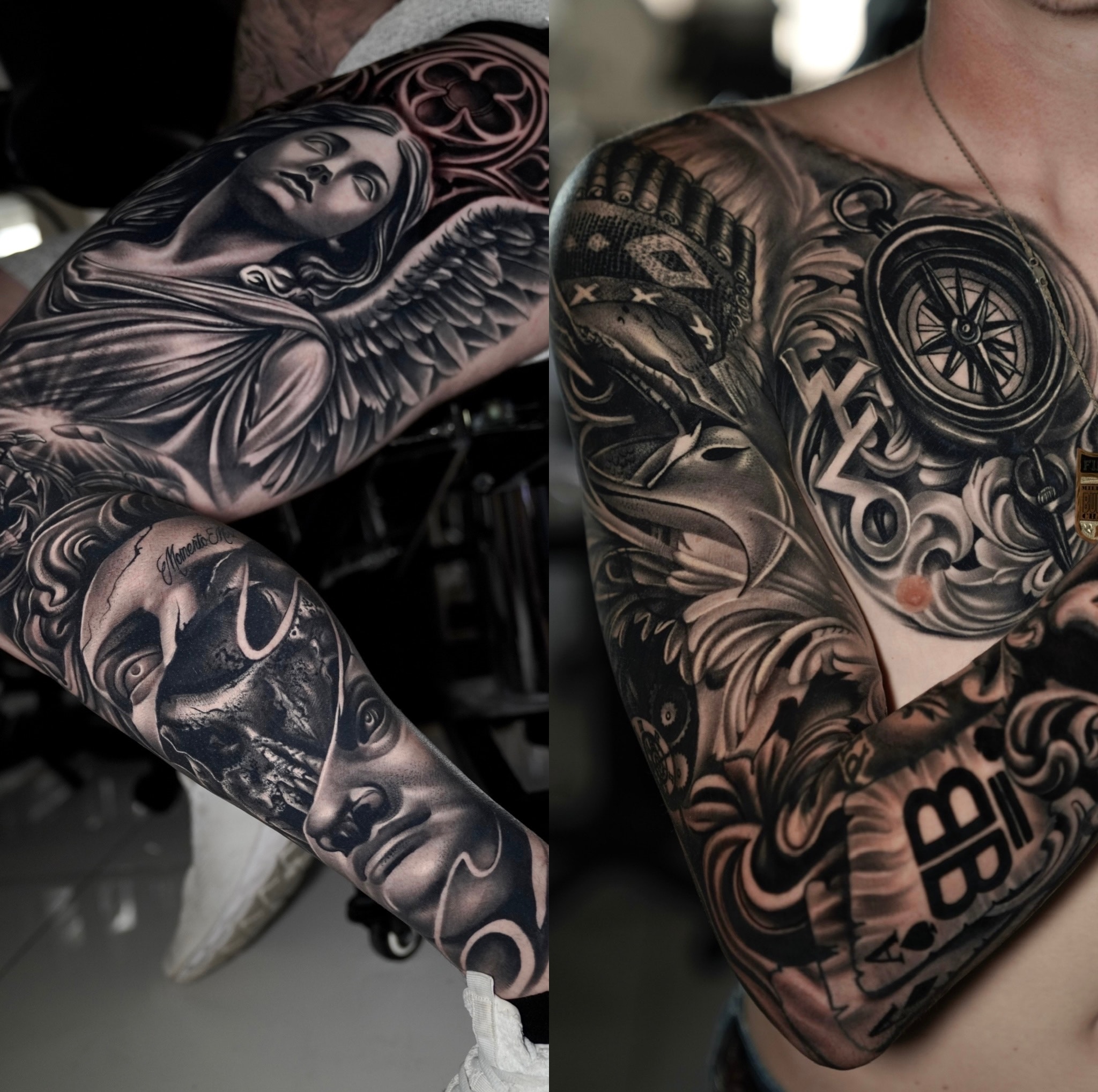 Angel sleeve and ornamental chest tattoos